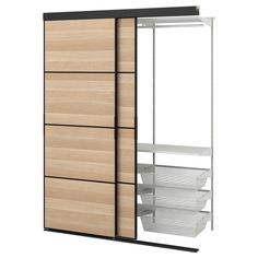 an open closet with drawers and shelves on the bottom shelf, in front of a white background