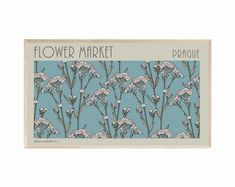 a blue and white flower market card with flowers on the front, in an ornate pattern