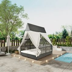 an outdoor patio with a pool and gazebo