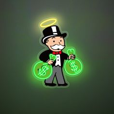 a man in a top hat and bow tie holding a green light up sign with dollar signs on it