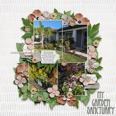 a collage of photos with flowers and plants in the center, surrounded by words that say it's garden sanctuary