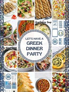 an advertisement for greek dinner party with pictures of different foods and dishes on the side