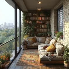 a living room filled with lots of furniture next to a tall window covered in bookshelves