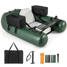 an inflatable boat with coolers and accessories on the back is shown next to other items