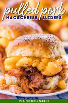 pulled pork macaroni and cheese sliders on a white plate with text that reads pulled pork macaroni and cheese sliders