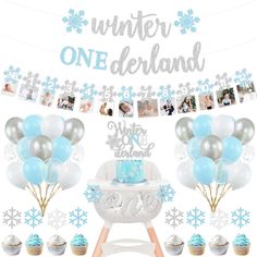 a table with balloons, cake and pictures on it for a winter wonderland 1st birthday party