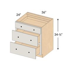 the drawers are shown with measurements for each drawer, and one drawer has three drawers