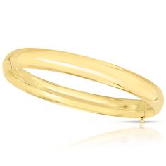 This high polished gold bangle is crafted in 14k yellow gold and is the embodiment of the beauty of gold in its elegance and simplicity.  This piece is one of the most iconic designs in gold jewelry, offering a classic look that will always been in style.The hinged closure adds additional comfort and convenience and makes it easy-on and easy-off. In addition, the piece features a safety tongue that adds extra security to the piece.This bangle is approximately 8mm wide, the perfect width for wear Jewelry Bracelets Gold, Gold Bracelets, Sam's Club, Gold Bangle, Gold Gold, Gold Bangles, Bangle Bracelet, Icon Design, Bangle Bracelets