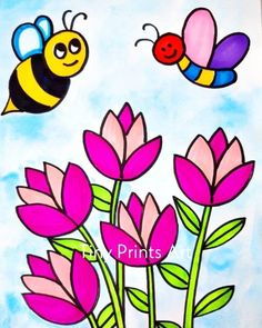 two bees flying over pink flowers on a blue background