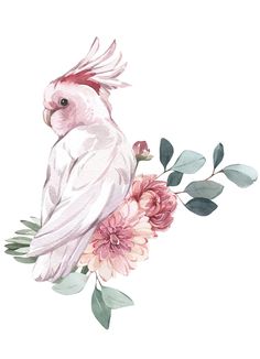 a watercolor painting of a pink bird on a branch with flowers