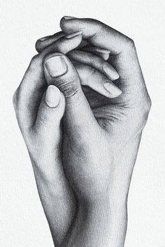 a pencil drawing of a person's hands holding the hand of another person with their fingers