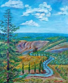 a painting of a winding road in the mountains