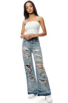 - Twiggy Fit - High Rise Wide Leg- Fitted From Waist To Hip With A Wide Bottom Opening- 100% Cotton- Aspen Blue- Heavy Rip Off Fashion Denim Pant- Height : 5’ 10” / Waist : 25” Denim Pants Fashion, Jean Top, Denim Branding, Denim Jacket Women, Jeans Color, Denim Pant, Cotton Style, Overall Shorts, Aspen