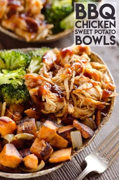 two bowls filled with food sitting on top of a wooden table