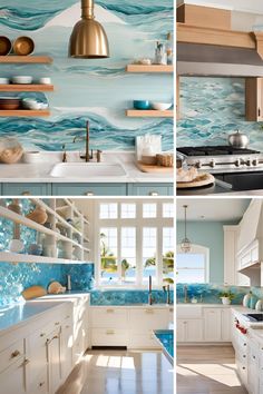 three pictures of the same kitchen with blue and white decor on the backsplash