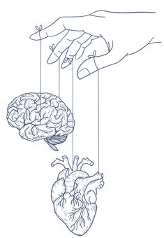 the human heart and brain being suspended by two strings, with one hand reaching for it