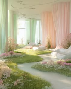 a room filled with lots of green grass and pink flowers on the floor next to windows