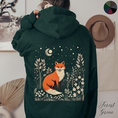 Fox and Moon Unisex Back Graphic Pullover Hoodie | Cottagecore Clothing | Boho Hoodie  ✔️ Design on back only ✔️ Soft, warm and cosy heavy blend unisex hoodie  ✔️ Classic Fit ✔️ Fiber composition: 50% Cotton, 50% Polyester ✔️ Medium-heavy fabric (8.0 oz/yd² (271 g/m   ✔️ Spacious kangaroo pouch pocket  ✔️ Adjustable hood with self-coloured woven drawstring cord ✔️ No side seams ✔️ Tear away label ✔️ Made using 100% ethically grown US cotton 📏 Runs true to size ✨ Care instructions: Machine wash: Fox Hoodie, Fox Lover, Red Boho, Streetwear Tops, Kangaroo Pouch, Hoodie Design, Graphic Hoodies, Pet Clothes, Pocket Pouch