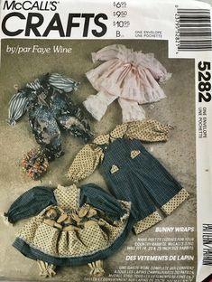 sewing pattern for doll clothes with ruffles and bonnets on the front cover