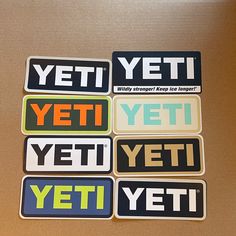 four stickers that say, yeti, yeti, yeti and yeti