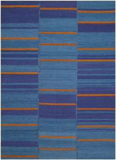 a blue rug with orange and blue stripes