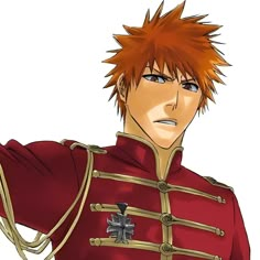 an anime character with red hair wearing a uniform and holding his arms out to the side