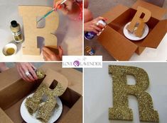 four pictures showing how to make letters out of cardboard and paint the letters with gold glitter