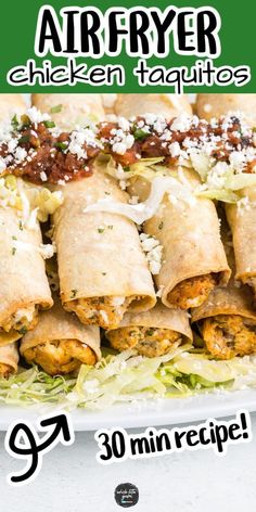 an advertisement for air fryer chicken taquitass on a white platter