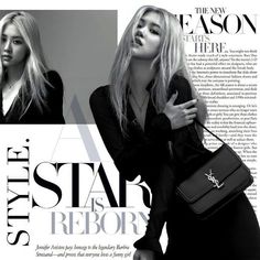 a woman with long blonde hair holding a black handbag in front of a magazine page