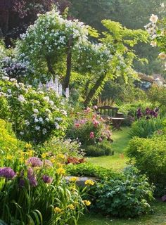 the garden is full of flowers and trees