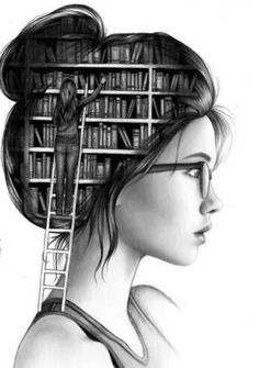 a pencil drawing of a woman with bookshelves on her head and ladder to the top