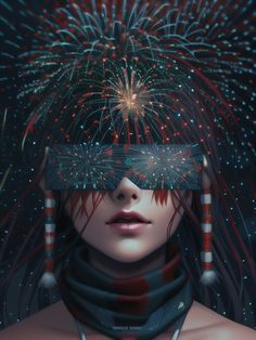 a woman with her eyes closed and fireworks in the sky above her head, covering her face