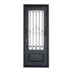 the front door is black and has an iron grill design on it's side