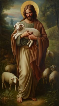 a painting of jesus holding a lamb