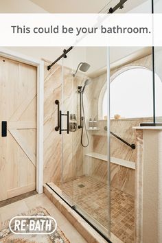 a walk in shower sitting inside of a bathroom next to a wooden door and window