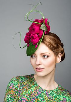 R1580 - Green fine straw mini disc with pink silk roses and quills Rachel Trevor Morgan, Crazy Hats