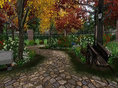 a bench sitting in the middle of a park surrounded by flowers and trees with fall colors