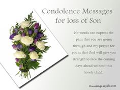 a bouquet of white and purple flowers on top of a card that says, condonce messages for loss of son