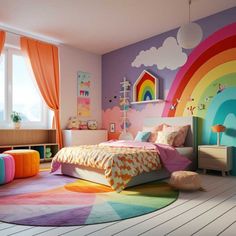 a child's bedroom decorated in pastel colors and rainbows, with an area rug on the floor