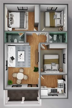 an overhead view of a two bedroom apartment