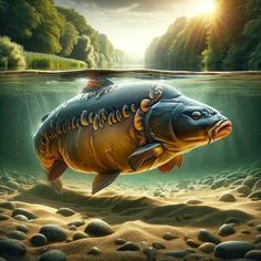 a large fish floating in the water on top of rocks and sand with sunlight reflecting off it's surface