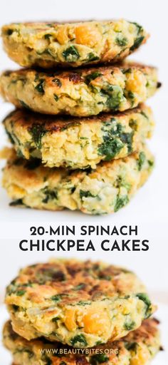 several different types of cakes stacked on top of each other with the words, 20 min spinach chickpea cakes