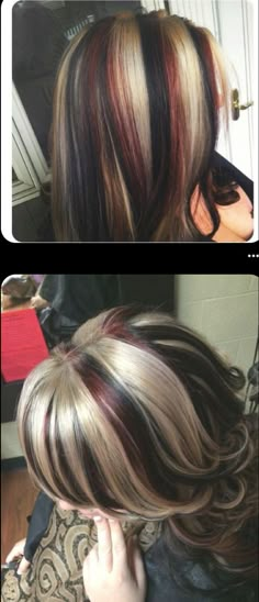 2018 Hair Trends, Red Blonde And Black Highlights, Brunette Color Highlights, White Chunky Highlights Black Hair, Brown And Red Chunky Highlights, Red Hair Platinum Highlights, Short Hair Skunk Highlights, Black Hair Red Skunk Stripe, Chunky Highlights Black And Blonde