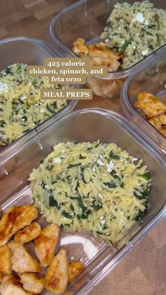 four plastic containers filled with chicken, spinach and feta cheese meal preps