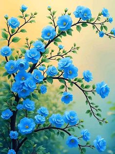 a painting of blue flowers on a tree branch