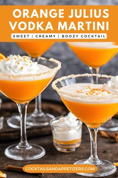 This adult Orange Julius is a boozy, creamy and fruity cocktail with Triple Sec and vanilla vodka. Nostalgic flavor with a boozy twist on thefavorite  traditional mall drink. Sweet martini recipe perfect for Christmas drinks, Friendsmas, spring cocktails, party alcoholic drinks, game day and happy hour! Breakfast Cocktails Vodka, Creamy Vodka Drinks, Orange Colored Cocktails, Orange Vodka Cocktails, Orange Alcoholic Drinks, Vanilla Vodka Cocktails, Sweet Martini Recipes, Creamsicle Martini, Party Alcoholic Drinks