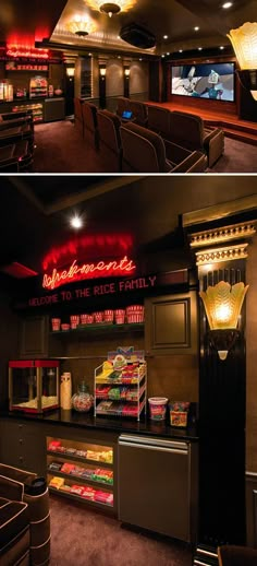 two pictures of the inside of a restaurant with food and drinks on display in it