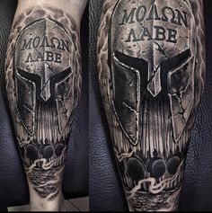 two tattoos on the legs of men with black and grey ink that reads molon able