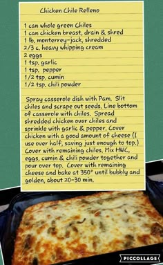 the recipe is written on a piece of paper next to a pan with pizza in it