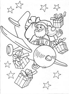 santa claus is flying with gifts and presents in his hand coloring page for kids to color